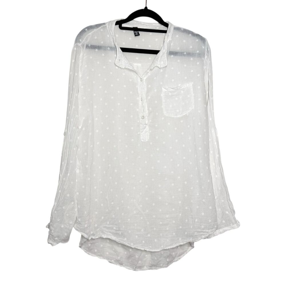 Dress To Kill White Sheer Cotton Relaxed Star Popover Roll Tab Sleeve Top Medium